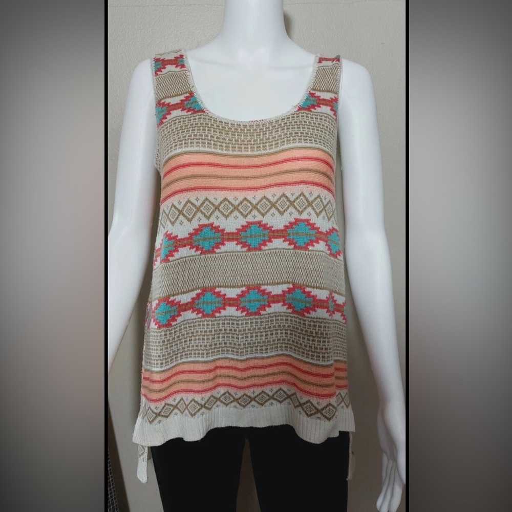 Cotton Emporium Beige and Coral Patterned  Knit Tank Top
